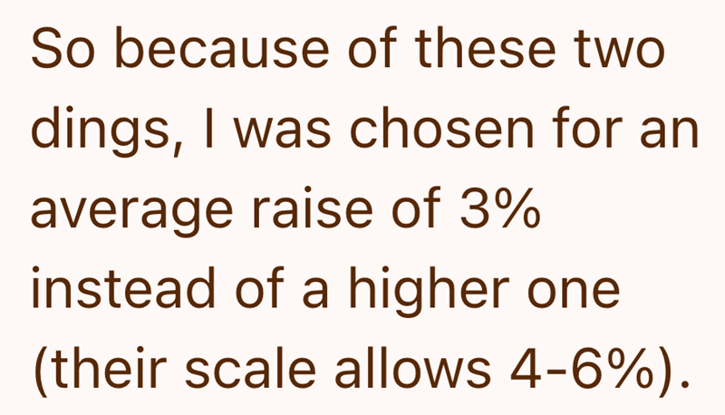 So because of these two dings, I was chosen for an average raise of 3% instead of a higher one (their scale allows 4-6%).
