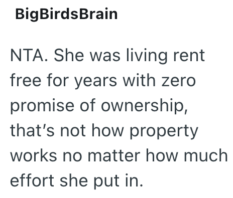 BigBirdsBrain NTA. She was living rent free for years with zero promise of ownership, that's not how property works no matter how much effort she put in.
