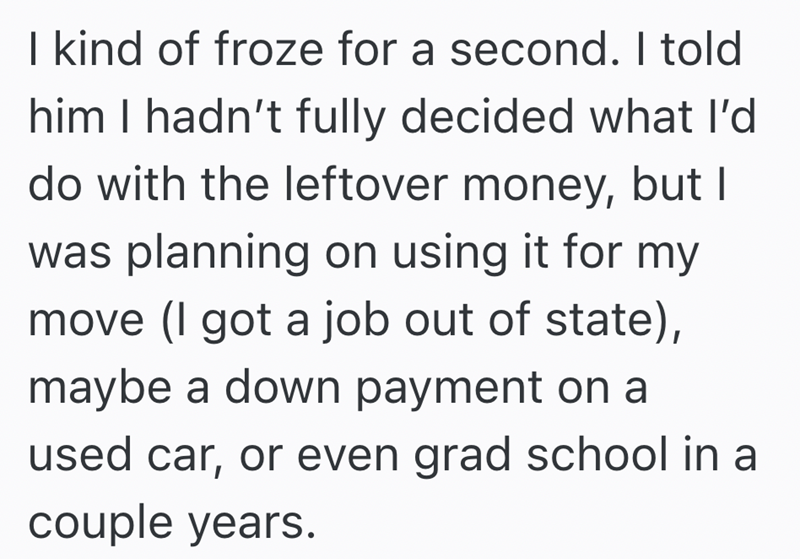 I kind of froze for a second. I told him I hadn't fully decided what I'd do with the leftover money, but I was planning on using it for my move (I got a job out of state), maybe a down payment on a used car, or even grad school in a couple years.