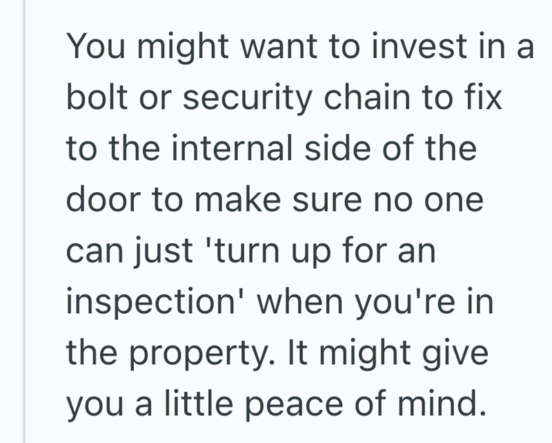 You might want to invest in a bolt or security chain to fix to the internal side of the door to make sure no one can just 'turn up for an inspection' when you're in the property. It might give you a little peace of mind.