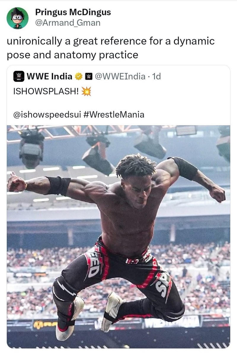 Pringus McDingus @Armand Gman unironically a great reference for a dynamic pose and anatomy practice WWWE India INDIA ISHOWSPLASH! @WWEIndia • 1d @ishowspeedsui #WrestleMania SP