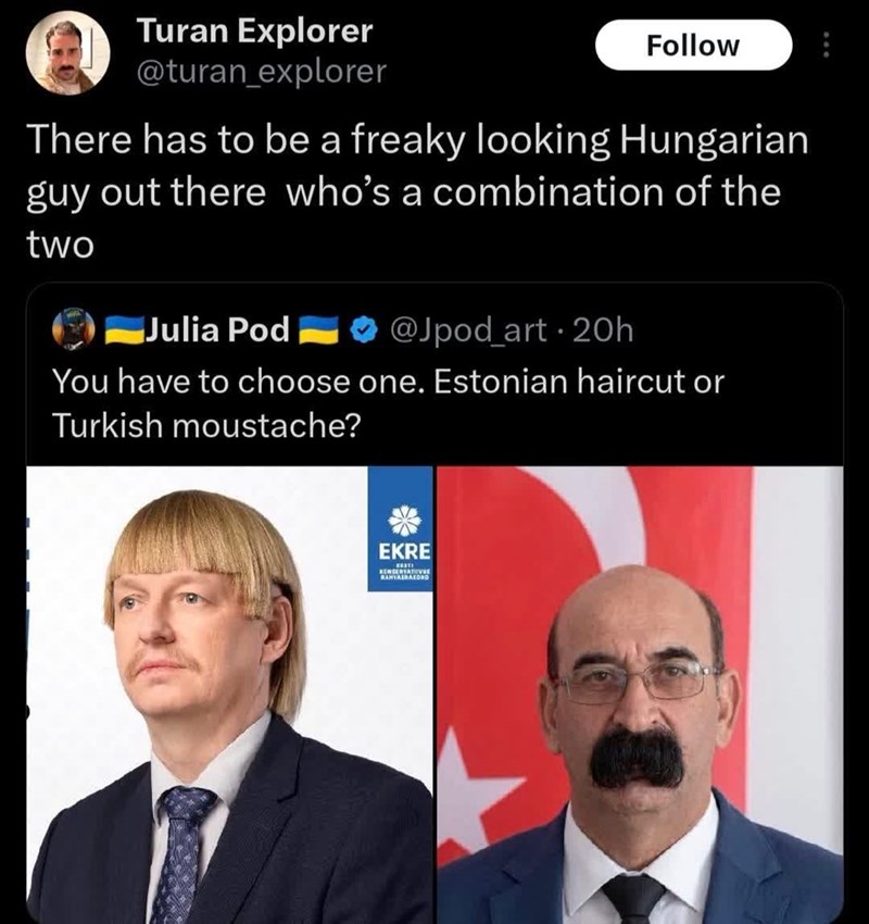 Turan Explorer @turan_explorer Follow There has to be a freaky looking Hungarian guy out there who's a combination of the two Julia Pod @Jpod_art 20h You have to choose one. Estonian haircut or Turkish moustache? EKRE REMENTATIVE RAHVAERAKOND