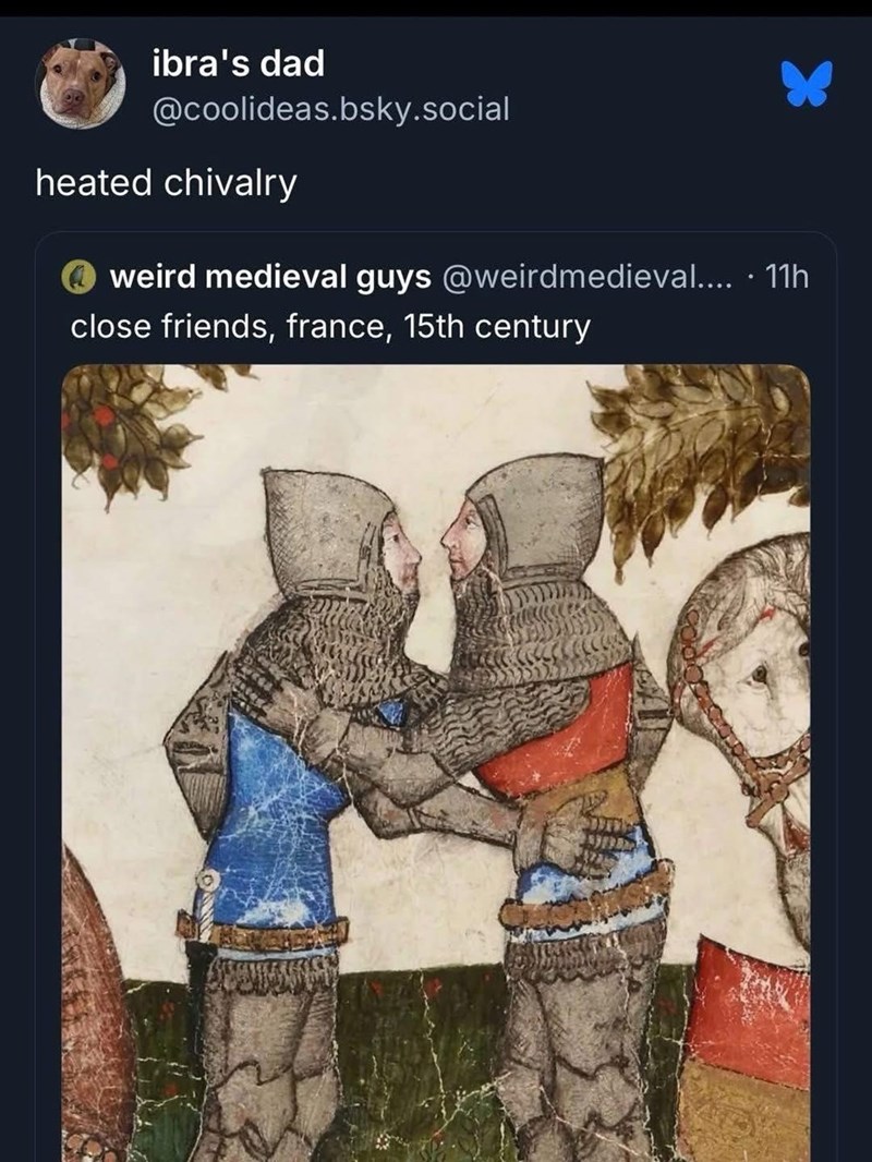 ibra's dad @coolideas.bsky.social heated chivalry weird medieval guys @weirdmedieval..... 11h close friends, france, 15th century