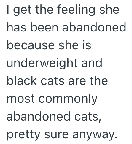 I get the feeling she has been abandoned because she is underweight and black cats are the most commonly abandoned cats, pretty sure anyway.