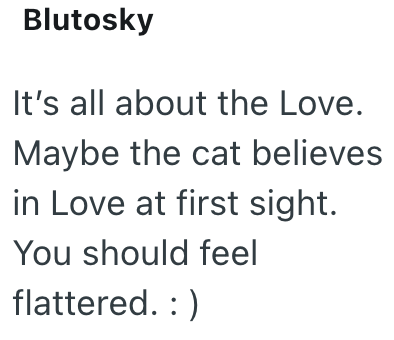 Blutosky It's all about the Love. Maybe the cat believes in Love at first sight. You should feel flattered. :)
