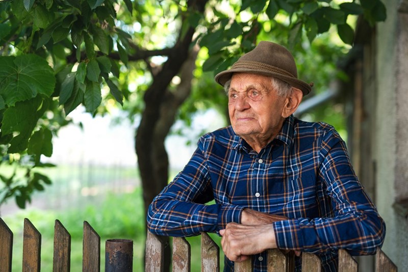 The elderly man leans against the fence overlooking his neighbor's property.
