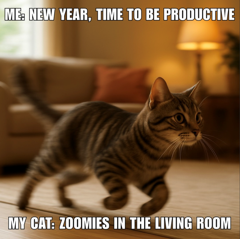 ME: NEW YEAR, TIME TO BE PRODUCTIVE MY CAT: ZOOMIES IN THE LIVING ROOM