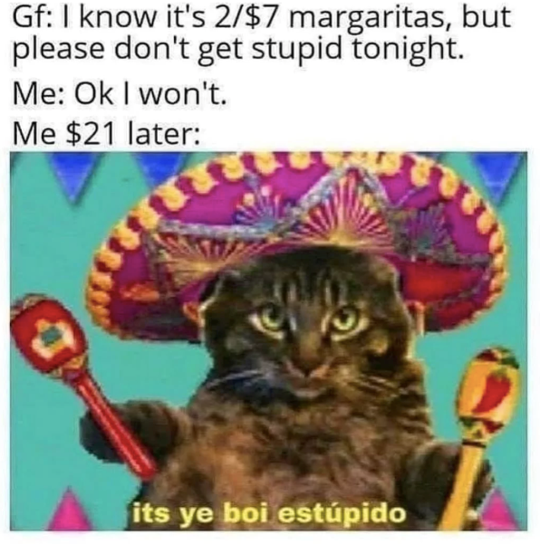 Gf: I know it's 2/$7 margaritas, but please don't get stupid tonight. Me: Ok I won't. Me $21 later: its ye boi estúpido