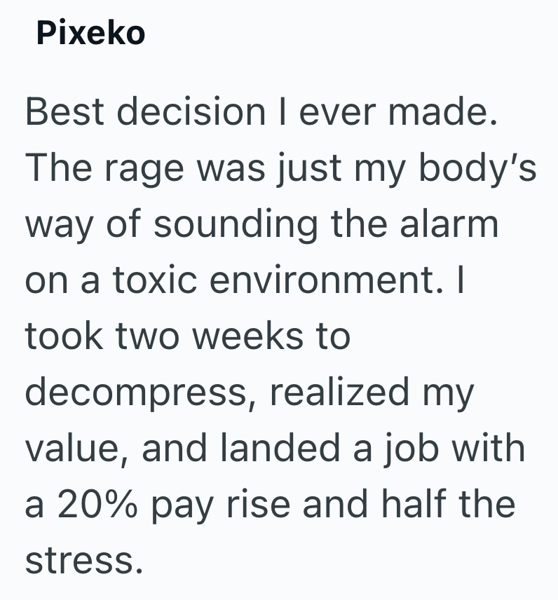 Pixeko Best decision I ever made. The rage was just my body's way of sounding the alarm on a toxic environment. I took two weeks to decompress, realized my value, and landed a job with a 20% pay rise and half the stress.