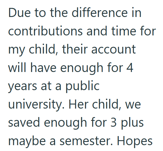 Due to the difference in contributions and time for my child, their account will have enough for 4 years at a public university. Her child, we saved enough for 3 plus maybe a semester. Hopes