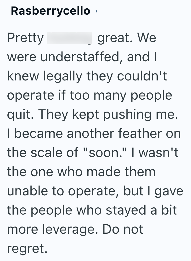 Rasberrycello ⚫ Pretty great. We were understaffed, and I knew legally they couldn't operate if too many people quit. They kept pushing me. I became another feather on the scale of "soon." I wasn't the one who made them unable to operate, but I gave the people who stayed a bit more leverage. Do not regret.