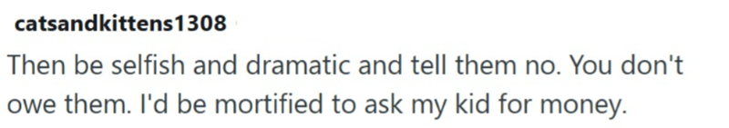 catsandkittens 1308 Then be selfish and dramatic and tell them no. You don't owe them. I'd be mortified to ask my kid for money.