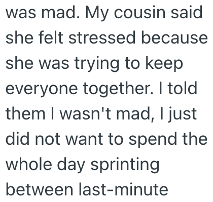 was mad. My cousin said she felt stressed because she was trying to keep everyone together. I told them I wasn't mad, I just did not want to spend the whole day sprinting between last-minute