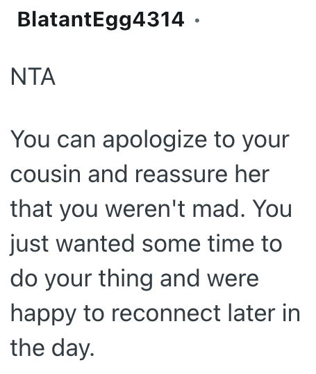 BlatantEgg4314. NTA You can apologize to your cousin and reassure her that you weren't mad. You just wanted some time to do your thing and were happy to reconnect later in the day.