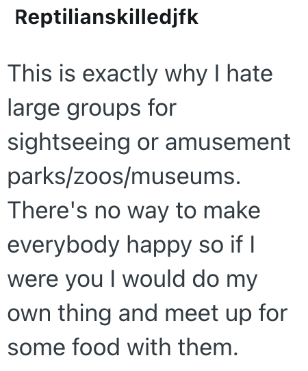 Reptilianskilledjfk This is exactly why I hate large groups for sightseeing or amusement parks/zoos/museums. There's no way to make everybody happy so if I were you I would do my own thing and meet up for some food with them.