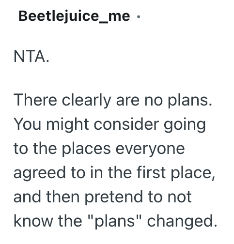 Beetlejuice_me ⚫ NTA. There clearly are no plans. You might consider going to the places everyone agreed to in the first place, and then pretend to not know the "plans" changed.