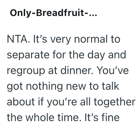 Only-Breadfruit-... NTA. It's very normal to separate for the day and regroup at dinner. You've got nothing new to talk about if you're all together the whole time. It's fine