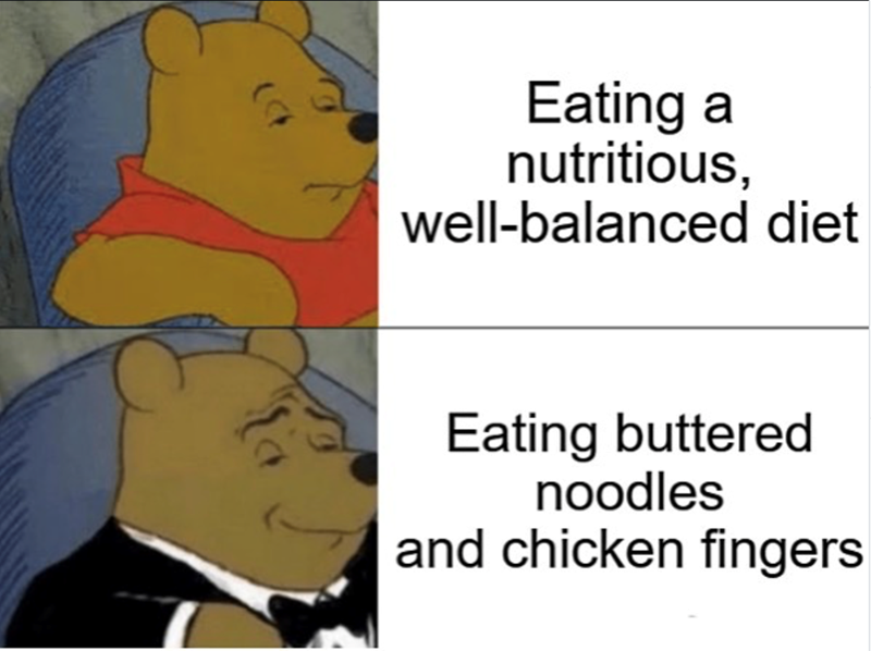 Eating a nutritious, well-balanced diet Eating buttered noodles and chicken fingers