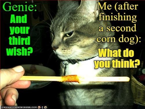 Genie: And your third wish? ICANHASCHEEZBURGER.COM.c Me (after finishing a second corn dog): What do you think?