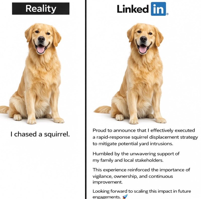 Reality Linked in I chased a squirrel. Proud to announce that I effectively executed a rapid-response squirrel displacement strategy to mitigate potential yard intrusions. Humbled by the unwavering support of my family and local stakeholders. This experience reinforced the importance of vigilance, ownership, and continuous improvement. Looking forward to scaling this impact in future engagements.