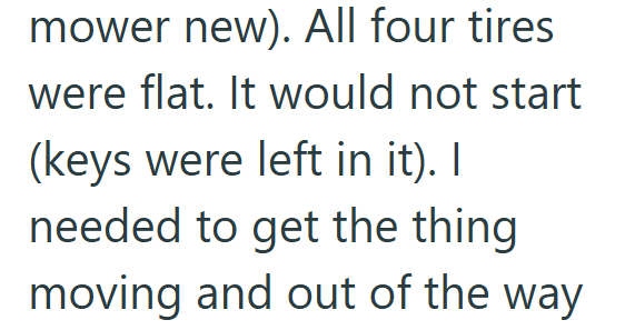 mower new). All four tires were flat. It would not start (keys were left in it). I needed to get the thing moving and out of the way