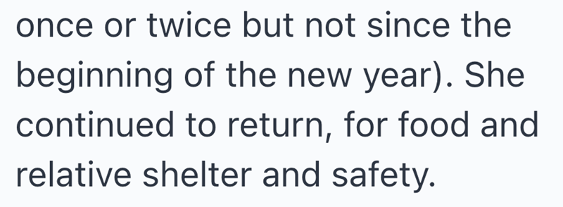 once or twice but not since the beginning of the new year). She continued to return, for food and relative shelter and safety.
