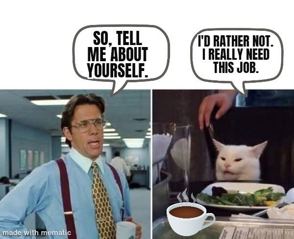made with mematic SO. TELL ME ABOUT YOURSELF. I'D RATHER NOT. I REALLY NEED THIS JOB.