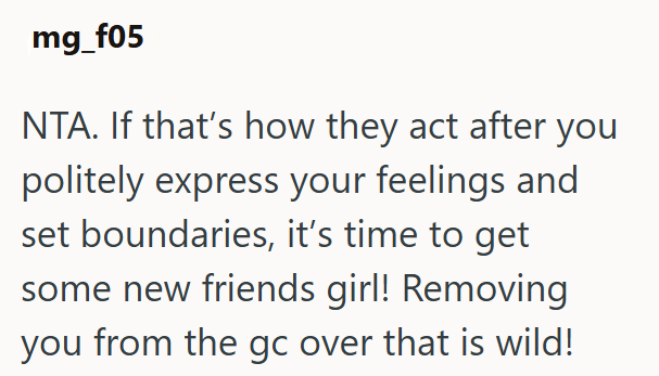 mg_f05 NTA. If that's how they act after you politely express your feelings and set boundaries, it's time to get some new friends girl! Removing you from the gc over that is wild!