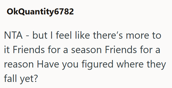 OkQuantity6782 NTA - but I feel like there's more to it Friends for a season Friends for a reason Have you figured where they fall yet?