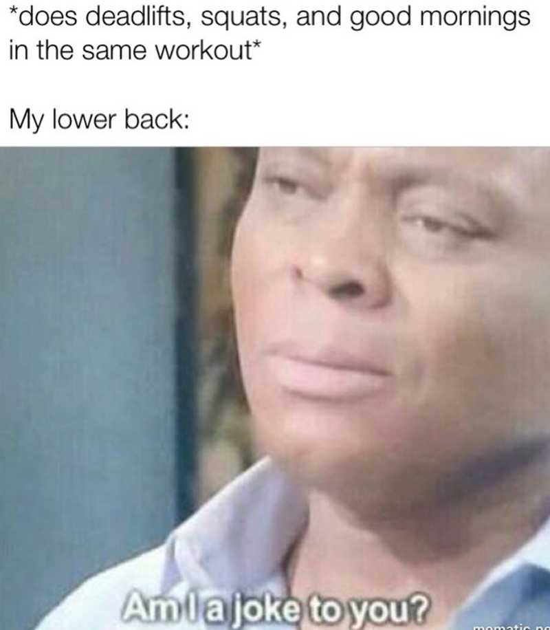 *does deadlifts, squats, and good mornings in the same workout* My lower back: Am I a joke to you? momatic no