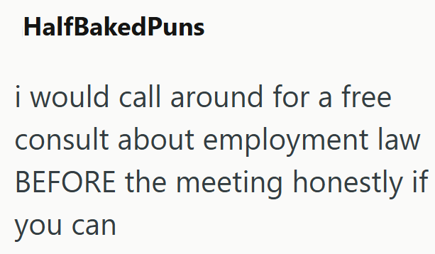 HalfBakedPuns i would call around for a free consult about employment law. BEFORE the meeting honestly if you can