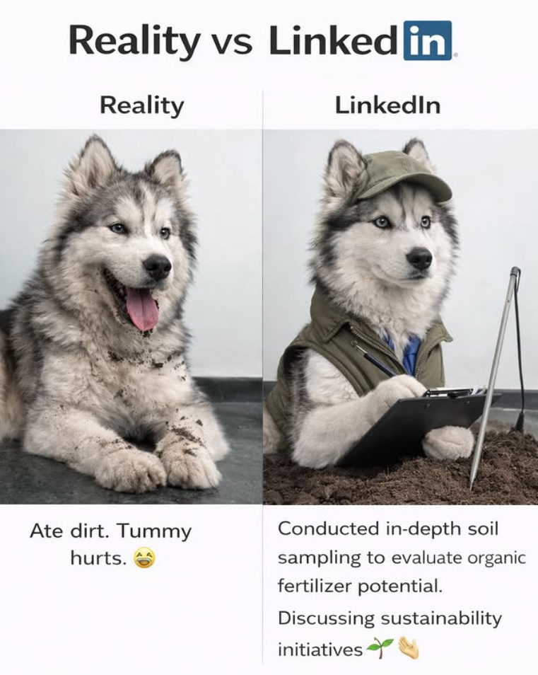 Reality vs Linked in Reality Ate dirt. Tummy hurts. LinkedIn Conducted in-depth soil sampling to evaluate organic fertilizer potential. Discussing sustainability initiatives