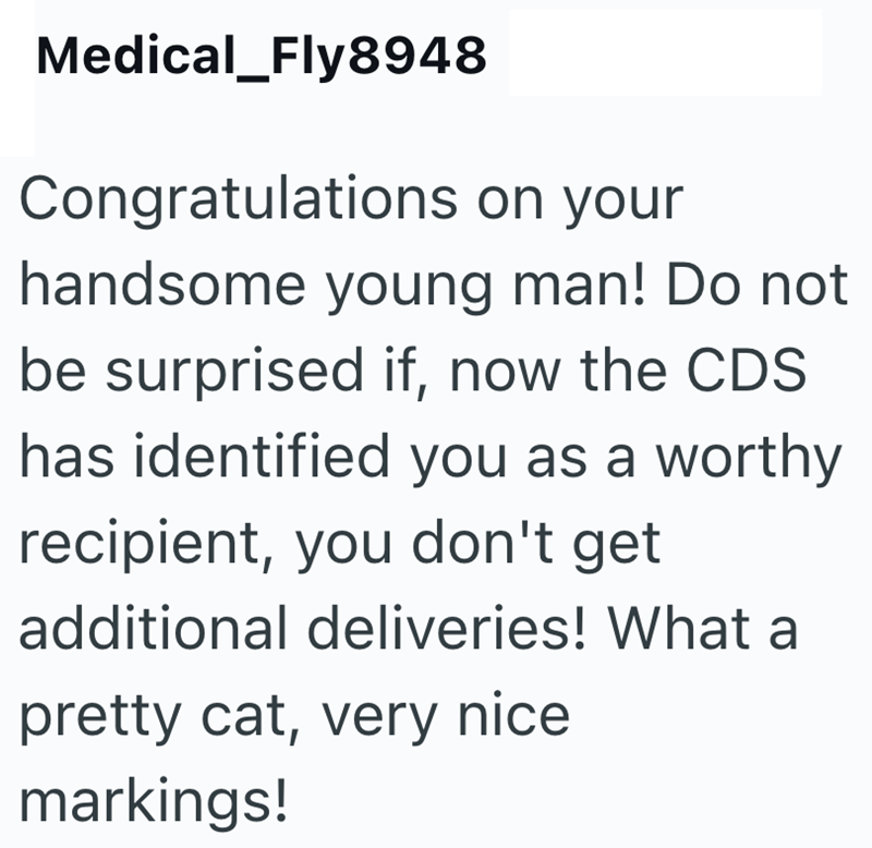 Medical_Fly8948 Congratulations on your handsome young man! Do not be surprised if, now the CDS has identified you as a worthy recipient, you don't get additional deliveries! What a pretty cat, very nice markings!