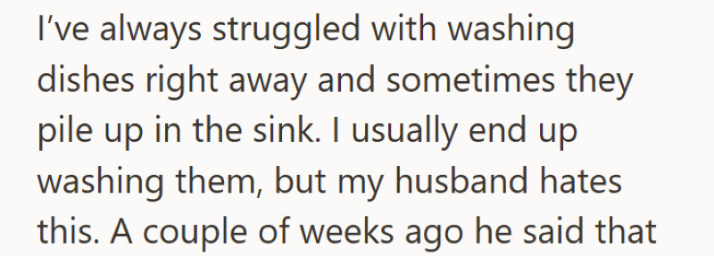 I've always struggled with washing dishes right away and sometimes they pile up in the sink. I usually end up washing them, but my husband hates this. A couple of weeks ago he said that