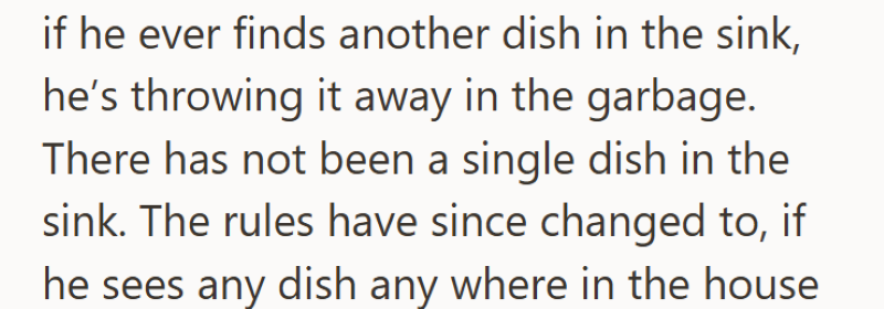 if he ever finds another dish in the sink, he's throwing it away in the garbage. There has not been a single dish in the sink. The rules have since changed to, if he sees any dish any where in the house