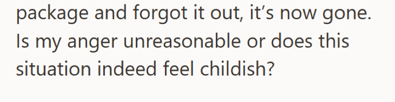 package and forgot it out, it's now gone. Is my anger unreasonable or does this situation indeed feel childish?