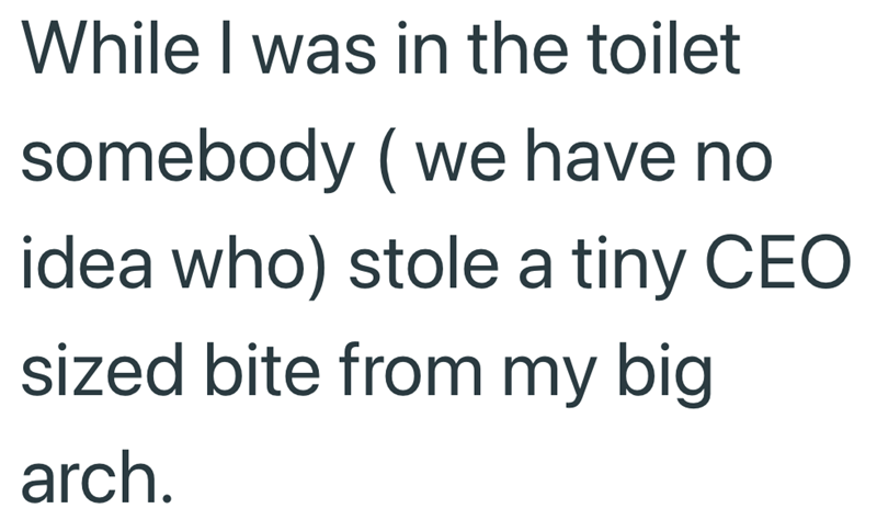 While I was in the toilet somebody (we have no idea who) stole a tiny CEO sized bite from my big arch.