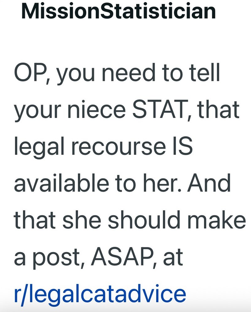 MissionStatistician OP, you need to tell your niece STAT, that legal recourse IS available to her. And that she should make a post, ASAP, at r/legalcatadvice