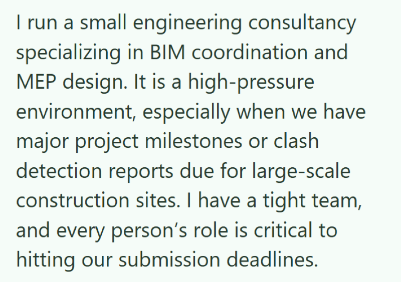 I run a small engineering consultancy specializing in BIM coordination and MEP design. It is a high-pressure environment, especially when we have major project milestones or clash detection reports due for large-scale construction sites. I have a tight team, and every person's role is critical to hitting our submission deadlines.