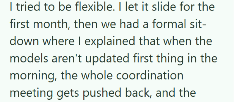 I tried to be flexible. I let it slide for the first month, then we had a formal sit- down where I explained that when the models aren't updated first thing in the morning, the whole coordination meeting gets pushed back, and the