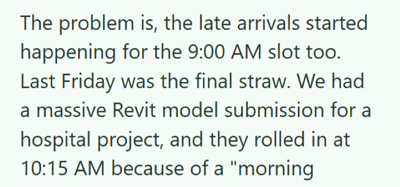The problem is, the late arrivals started happening for the 9:00 AM slot too. Last Friday was the final straw. We had a massive Revit model submission for a hospital project, and they rolled in at 10:15 AM because of a "morning