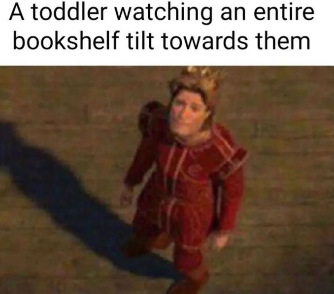 A toddler watching an entire bookshelf tilt towards them