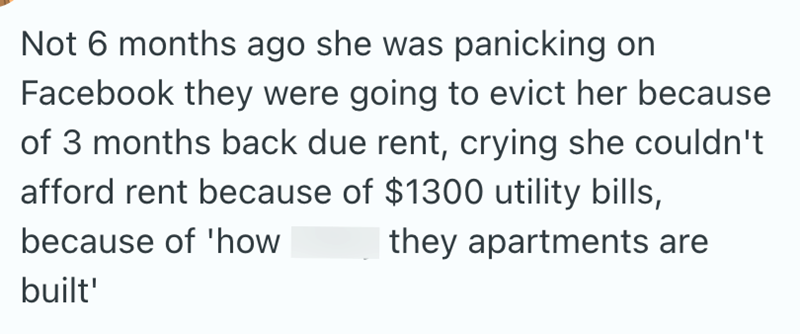 Not 6 months ago she was panicking on Facebook they were going to evict her because of 3 months back due rent, crying she couldn't afford rent because of $1300 utility bills, because of 'how they apartments are built'
