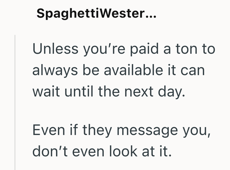Spaghetti Wester... Unless you're paid a ton to always be available it can wait until the next day. Even if they message you, don't even look at it.