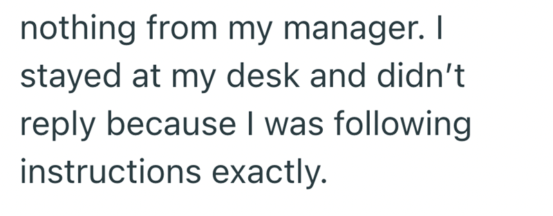 nothing from my manager. I stayed at my desk and didn't reply because I was following instructions exactly.