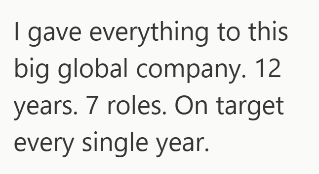 | gave everything to this big global company. 12 years. 7 roles. On target every single year.