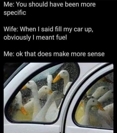 Me: You should have been more specific Wife: When I said fill my car up, obviously I meant fuel Me: ok that does make more sense
