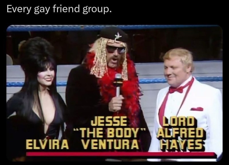 Every gay friend group. JESSE "THE BODY ELVIRA VENTURA LORD ADFRED HAYES