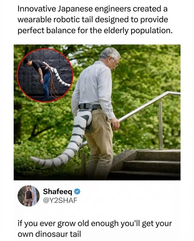 Innovative Japanese engineers created a wearable robotic tail designed to provide perfect balance for the elderly population. Shafeeq → @Y2SHAF if you ever grow old enough you'll get your own dinosaur tail