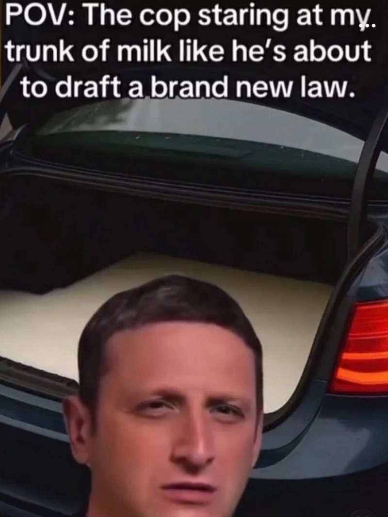 POV: The cop staring at my. trunk of milk like he's about to draft a brand new law.